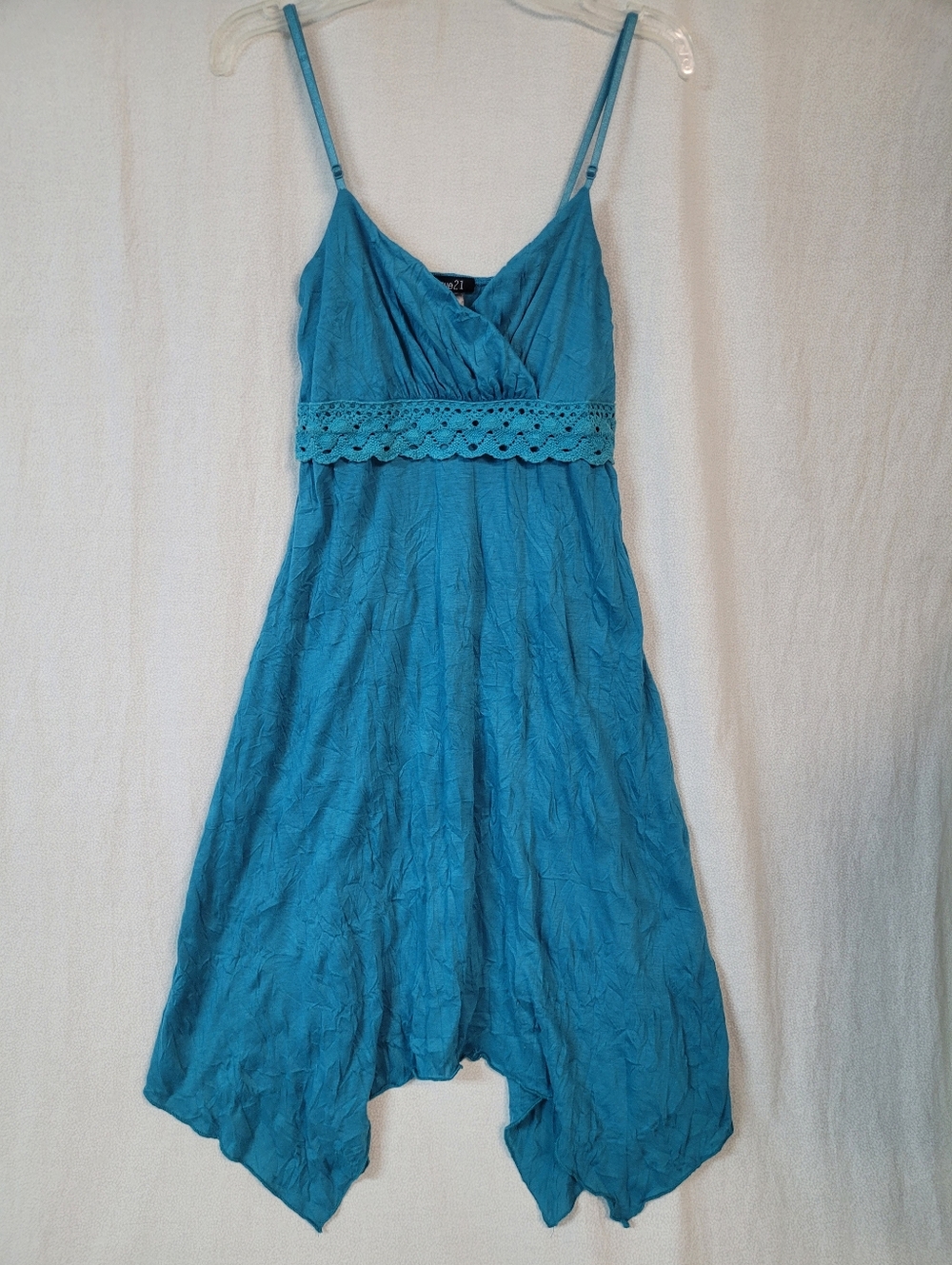 Rue21 Teal Blue Spaghetti Strap Midi Handkerchief Y2k Dress Sz S Crochet Crinkle